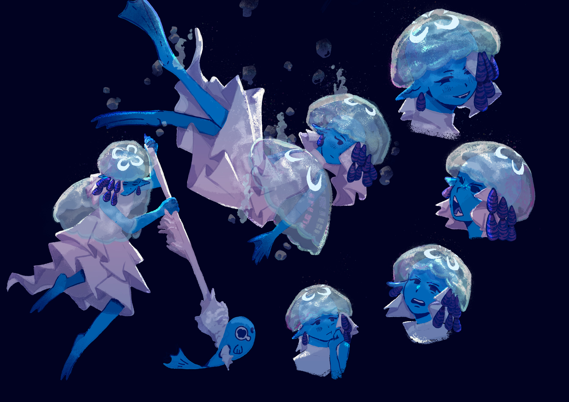 A character design project featuring a fashionable aquatic creature. The thumbnail image is a character design sheet depicting the aquatic creature in various poses and expressions.