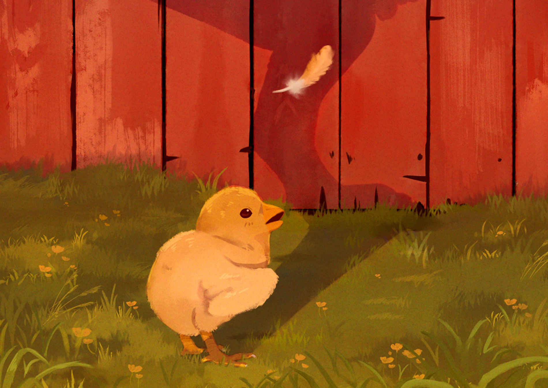 A poster depicting the evolutionary conection between a chick and a dinosaur, the chick is casting a veloceraptor shaped shadow onto a barn fence. 