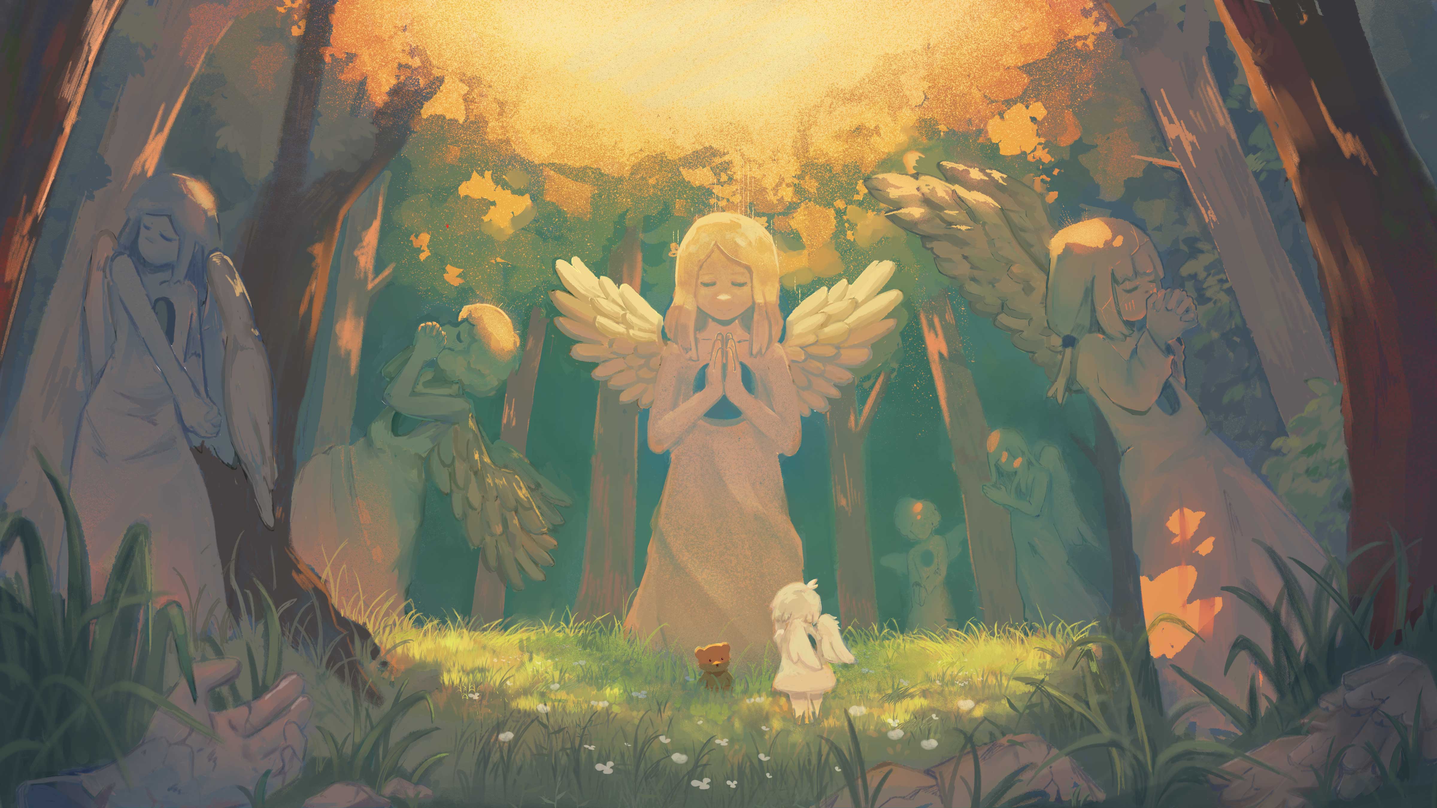 A painting depicting an overgrown meadow in a forest. In the foreground is fragments of statues including a hand and a piece of a wing. In the center of the painting is a small angel offering a teddy bear to an angel statue. The forest is littered with similar angel statues.