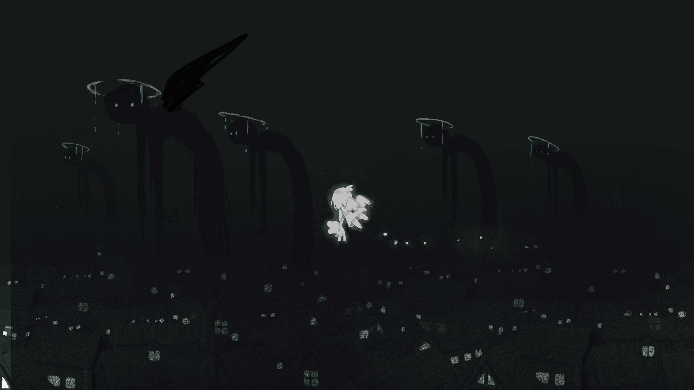 A painting of a small angel flying through a night sky overhead a town. Strange giant creatures loom in the distant horizon.