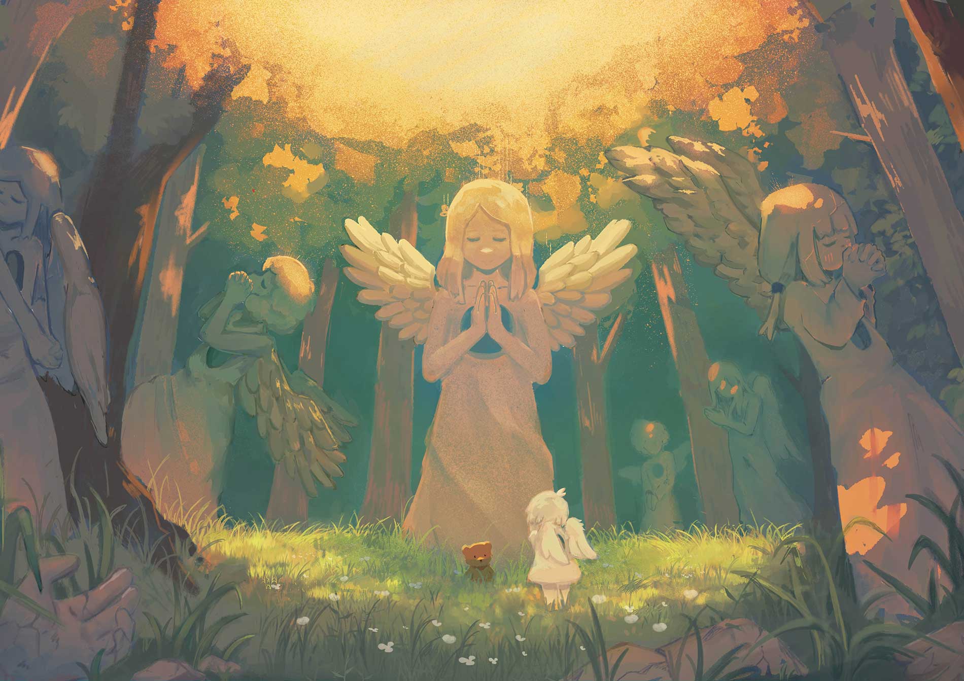 An illustration series following an angel throughout the day traversing through a town. The thumbnail image depicts a small angel surrounded by angel statues in a meadow.