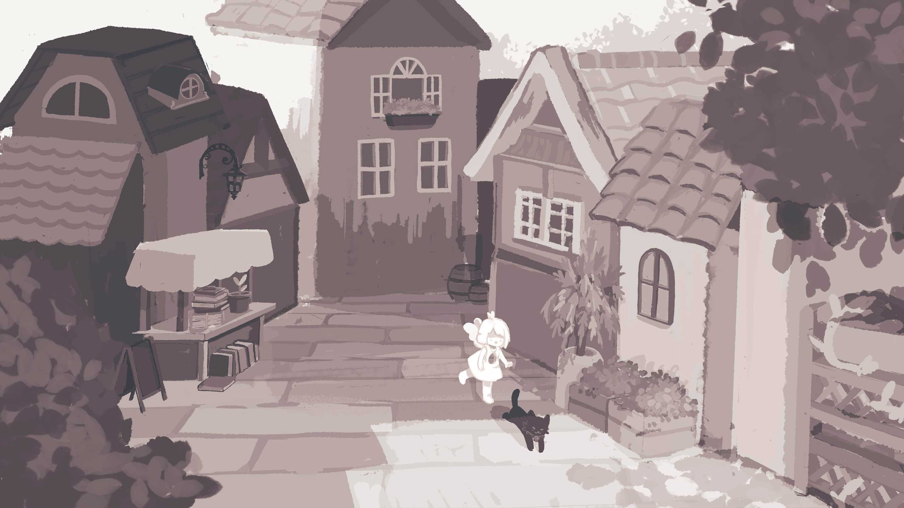 A painting of a small angel chasing a black cat through a town.