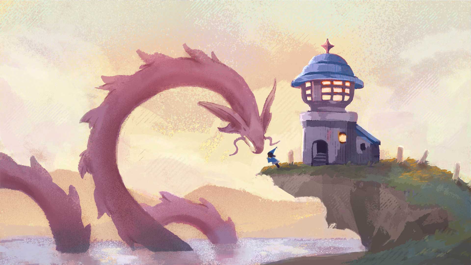 The scene depicts a lighthouse during sunset on a cliff. On the very edge of the cliff a small figure in a wizard hat outstretches their arms towards a dragon that is emerging out of the ocean.